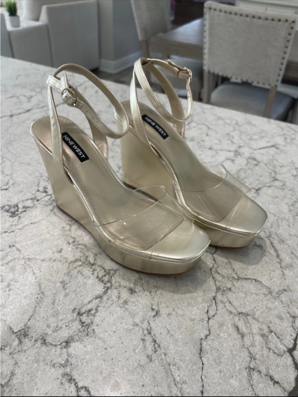 Nine West Metallic Gold Wedge Sandals with Clear Straps